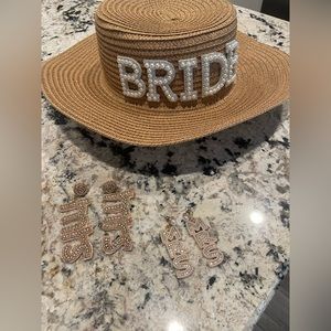 Bride and Mrs earrings and hat (two pairs of earrings) and one beach hat 🤍